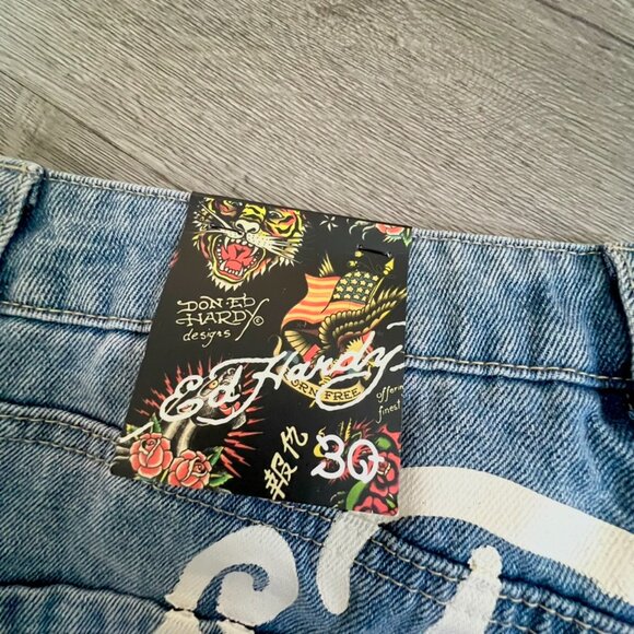 Ed Hardy-Love Eternal-Jean Denim Shorts-Light Vintage Blue-Heart/Flower-Size 30 - Picture 13 of 14
